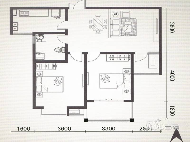 丽都美景2室2厅1卫89.6㎡户型图